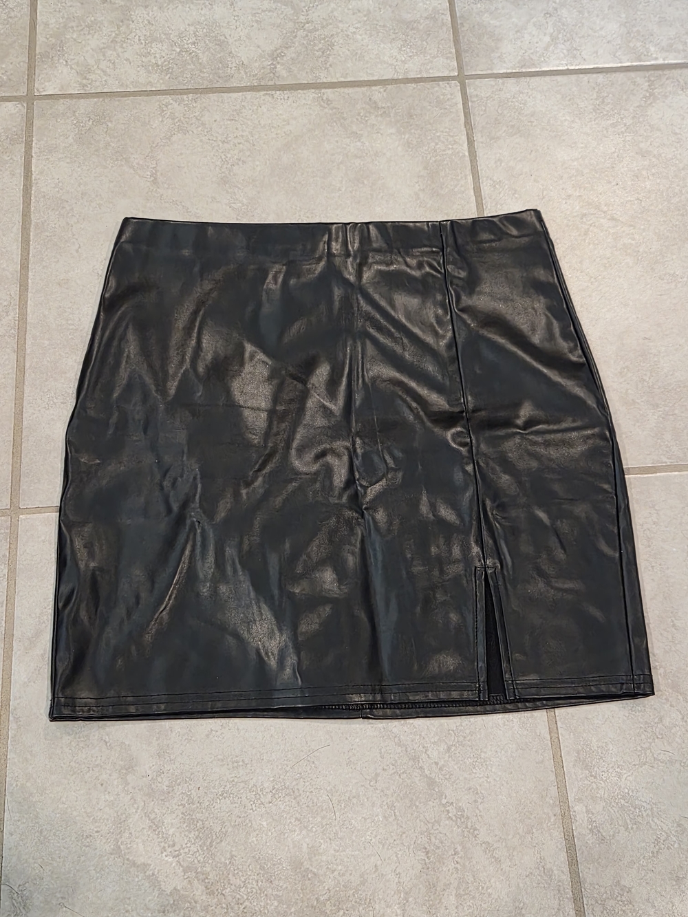 Faux Leather Black Mini Skirt with Front Slit